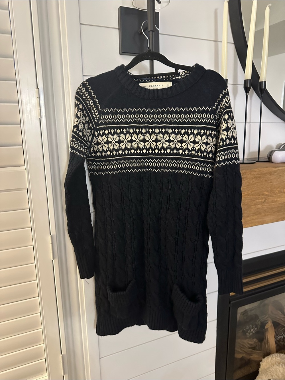 Zara Knit Navy Fair Isle Cable-Knit Sweater Dress
